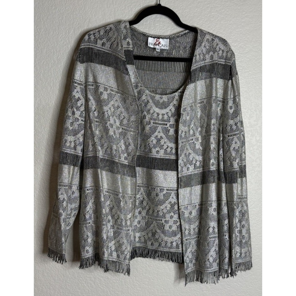 Francais Huey Waltzer XL 3 Piece Set Silver Metallic Fringe Cardigan Tank‎ Skirt
